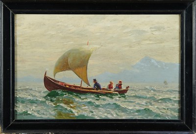 Lot 1297 - Hans Dahl (1849-1937) oil on board - Boat off the Norway Coast, signed, 6cm x 41cm, framed