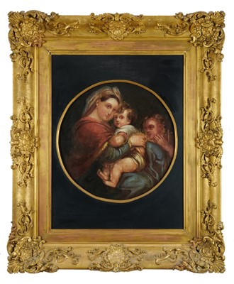 Lot 1320 - After Raphael, 19th century, oil on board - The Madonna and Child, tondo, 43cm, in good gilt frame to take a picture measuring 6cm x 50cm