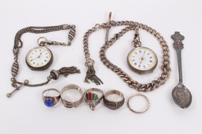 Lot 164 - Two silver cased fob watches, silver watch chain and one other white metal fob chain, silver rings and Rolex souvenir spoon