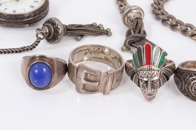 Lot 164 - Two silver cased fob watches, silver watch chain and one other white metal fob chain, silver rings and Rolex souvenir spoon