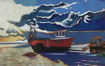Lot 128 - Richard Stockings, contemporary, pastel - Fishing Boat at Aldeburgh, initialled and dated 2010, 36cm x 56cm, in glazed frame