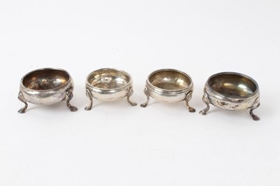 Lot 430 - Pair George II silver salts of cauldron form, on hoof feet (London 1752) David Mowden, together with another similar pair (London 1773) George Smith II. All at approximately 5ozs. (4)