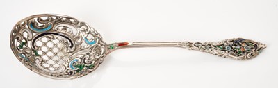 Lot 434 - Late 19th/early 20th century silver serving spoon, with decorative pierced and partially enamelled bowl, similarly decorated handle, underside of handle stamped Sterling, possibly American. All at...