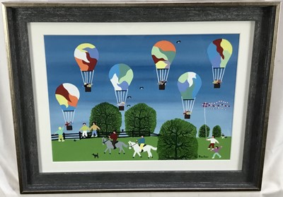 Lot 141 - Gordon Barker (b.1960) acrylic on paper - The Balloon Race, signed, 25cm x 34.5cm, in glazed frame