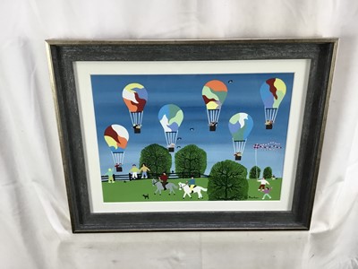 Lot 141 - Gordon Barker (b.1960) acrylic on paper - The Balloon Race, signed, 25cm x 34.5cm, in glazed frame