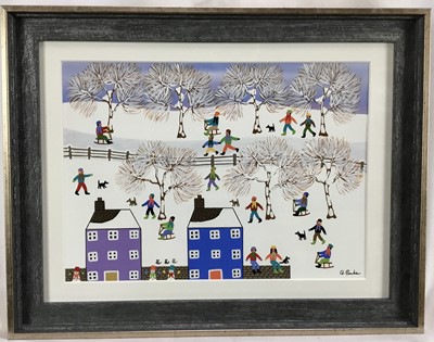 Lot 142 - Gordon Barker (b.1960) acrylic on paper - A Snow Day, signed, 25cm x 34.5cm, in glazed frame