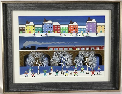 Lot 143 - Gordon Barker (b.1960) acrylic on paper - A Snow Day, signed, 25cm x 34.5cm, in glazed frame