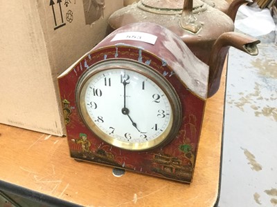 Lot 553 - 1920's Chinoiserie bedroom clock, together with a pair of wooden bookends and copper kettles.