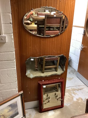 Lot 1424 - Two bevelled hanging wall mirrors together with a velvet girandole mirror