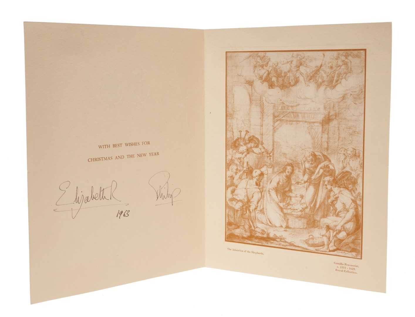 Lot 28 - H.M.Queen Elizabeth II and H.RH. The Duke of Edinburgh, signed 1963 Christmas card with twin gilt ciphers to front , print of 'The Adoration of the Shepherds' by Procaccini to the interior signed'...