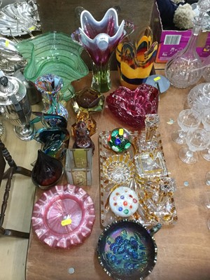 Lot 565 - Group of Art glass vases, dressing table set, glass ornaments and other glassware.