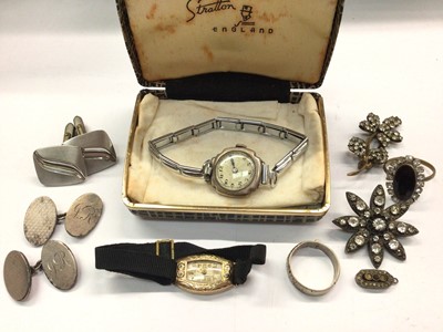 Lot 1087 - Vintage ladies 9ct gold wristwatch on black ribbon strap, silver cased watch, pair silver cufflinks, silver ring and small group of paste set jewellery