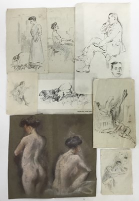 Lot 157 - Thomas Ivester Lloyd (1873-1942), group of seven unframed sketches to include figures, pastel nude study and others, together with a basset hound print (8)