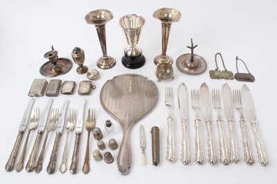 Lot 437 - Selection of miscellaneous silver and white metal including 4 pairs cake knives and forks, vesta cases, pair small trumpet vases, trophy cup, hand mirror, ring tree, 9ct gold mounted cheroot holder...
