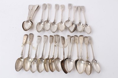 Lot 439 - Group of Georgian and later silver Fiddle pattern dessertspoons,, together with a collection of silver tea and coffee spoons (Various dates and makers). All at approximately 52ozs. (Qty)