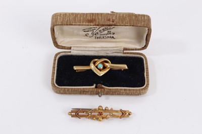 Lot 202 - Victorian 15ct gold knot brooch set with a single turquoise cabochon and one other 15ct gold ruby and seed pearl bar brooch (2)