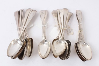 Lot 440 - Group of silver Old English and Fiddle pattern table spoons (Various dates and makers). All at approximately 50ozs. (Qty)