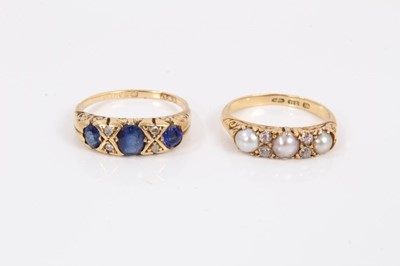 Lot 206 - Antique 18ct gold pearl and diamond ring and an 18ct gold sapphire and diamond ring