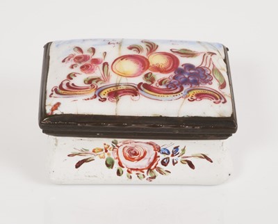 Lot 150 - South Staffordshire rectangular snuff box, painted with fruits, circa 1760