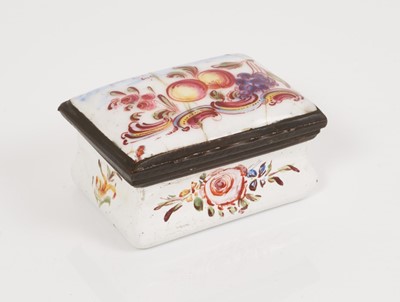Lot 289 - South Staffordshire rectangular snuff box, painted with fruits, circa 1760
