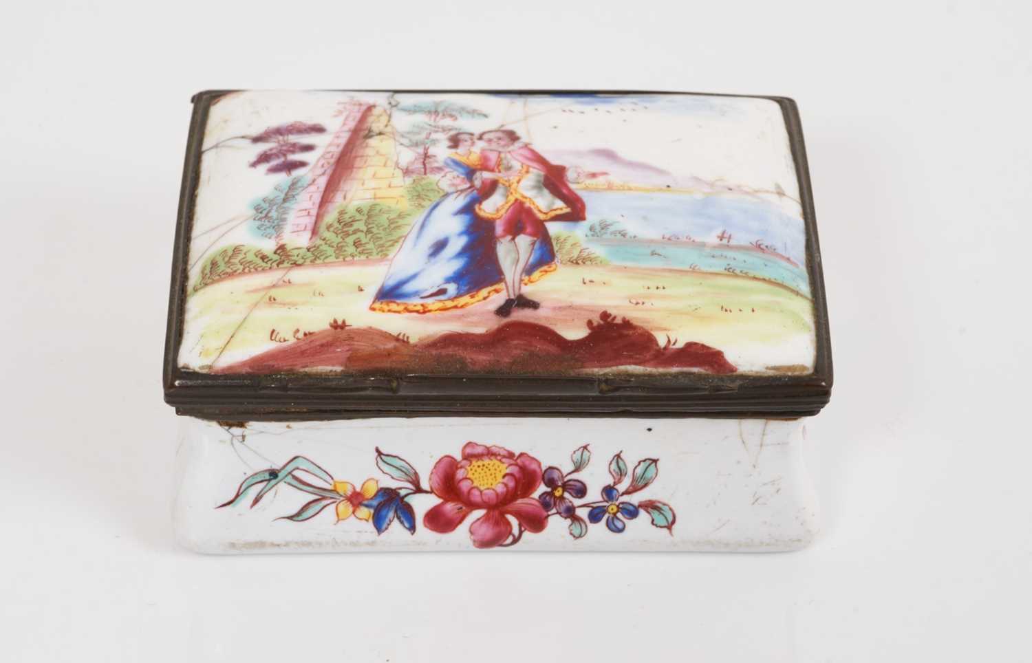 Lot 159 - Large South Staffordshire enamel rectangular snuff box, painted with a couple, circa 1760
