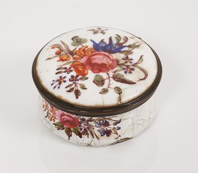 Lot 973 - South Staffordshire enamel round snuff box, painted with flowers, circa 1760