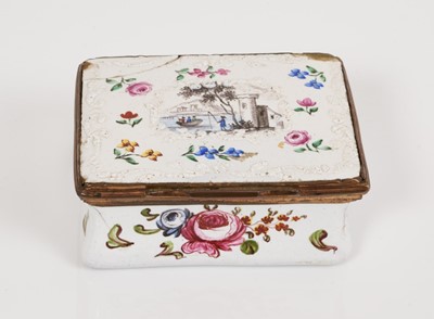 Lot 975 - A South Staffordshire enamel rectangular snuff box, painted with a fisherman in a river landscape and flowers, circa 1760