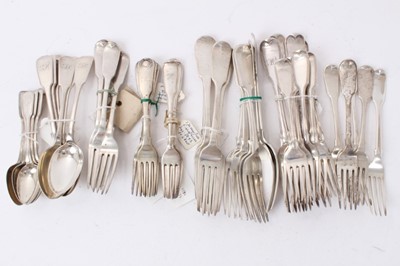 Lot 442 - Large group of Georgian and later silver Fiddle pattern flatware including dinner forks, dessert forks and spoons (Various dates and makers). All at approximately 82ozs. (Qty)