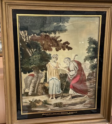 Lot 278 - Regency needlework picture, 'Abraham's Servant Meeting Rebekah', in verre eglomise gilt frame, total size 78 x 67cm