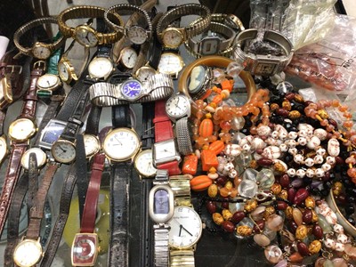 Lot 1092 - Group various wristwatches, bead necklaces and coins