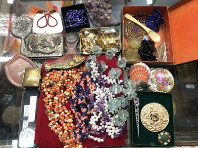 Lot 1097 - Group bead necklaces including cultured pearl and amethyst, three Scottish brooches, Chinese metal box and small hand mirror, cufflinks and bijouterie