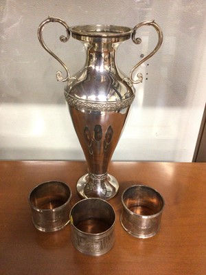 Lot 1108 - Silver two-handled vase and three silver napkin rings