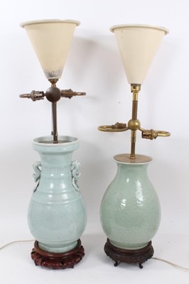 Lot 924 - Two Chinese celadon glazed vase table lamps