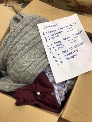 Lot 952 - Box of new sample clothes, including shirts, t-shirts, hoodies etc