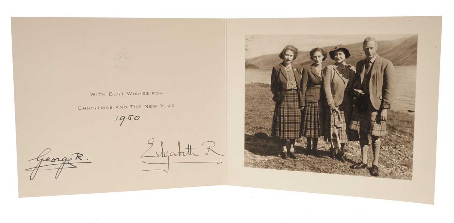 Lot 47 - T.M.King George VI and Queen Elizabeth, signed 1950 Christmas card with gilt crown to cover, photograph of the family in the Highlands to the inside, signed ' George R 1950 Elizabeth R' Provenance:...