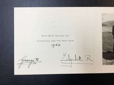 Lot 47 - T.M.King George VI and Queen Elizabeth, signed 1950 Christmas card with gilt crown to cover, photograph of the family in the Highlands to the inside, signed ' George R 1950 Elizabeth R' Provenance:...