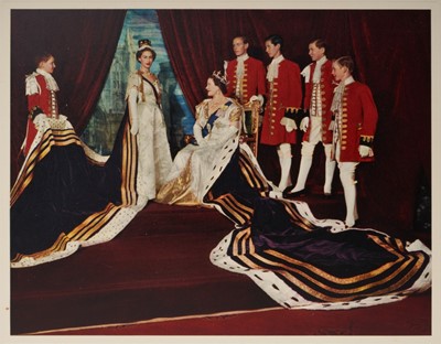 Lot 49 - H.M.Queen Elizabeth The Queen Mother, signed 1954 Christmas card with gilt crown to cover, splendid colour photograph of Her Majesty with Princess Margaret in their Coronation robes , signed '1954...