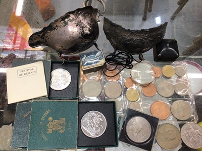 Lot 1111 - Silver sauce boat, white metal dish, coins and other items