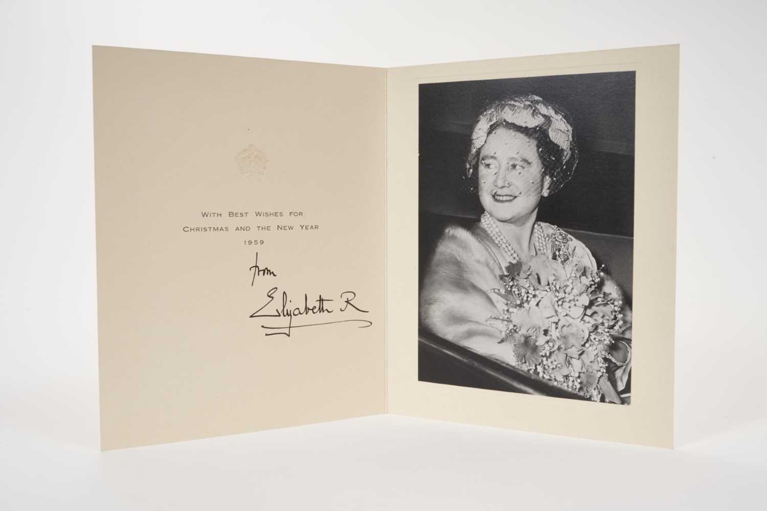 Lot 52 - H.M.Queen Elizabeth The Queen Mother, signed 1959 Christmas card with gilt crown to cover, photograph of Her Majesty smiling to the inside , signed '1959 from Elizabeth R'. Provenance: given to the...