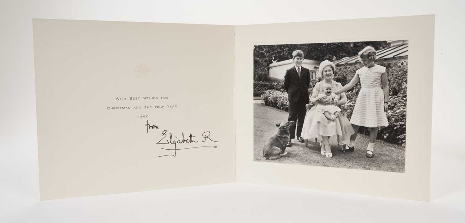 Lot 53 - H.M.Queen Elizabeth The Queen Mother, signed 1960 Christmas card with gilt crown to cover, splendid photograph of Her Majesty with three of her grandchildren and a corgi  , signed ' from Elizabeth...