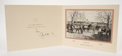 Lot 55 - H.M.Queen Elizabeth The Queen Mother, signed 1962 Christmas card with gilt crown to cover, photograph of The Queen Mothers horses to the interior , signed '1954 from Elizabeth R'.Provenance: given...