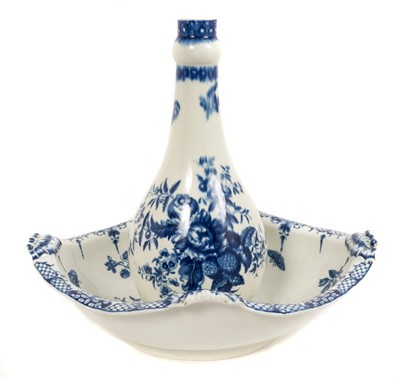 Lot 294 - A rare Worcester guglet and basin, printed in blue with the Pinecone pattern, circa 1770