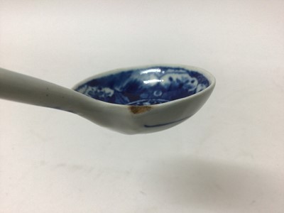 Lot 53 - A very rare Worcester blue and white sauce ladle, in the Kangxi Lotus pattern, circa 1770. Worcester blue and white sauce ladles are extremely rare. See Branyan, French and Sandon, Worcester Blue a...
