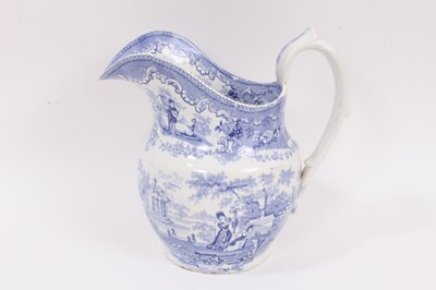 Lot 303 - An unusual blue printed Lavinia pattern helmet shaped jug