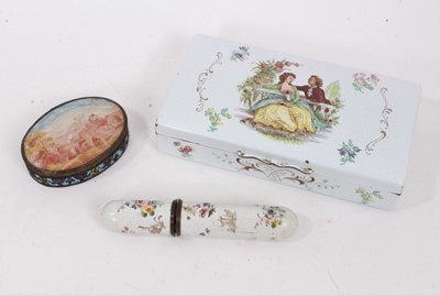 Lot 1049 - An 18th century South Staffordshire enamel bodkin case, a champleve enamel oval box and a modern enamel table cigarette box