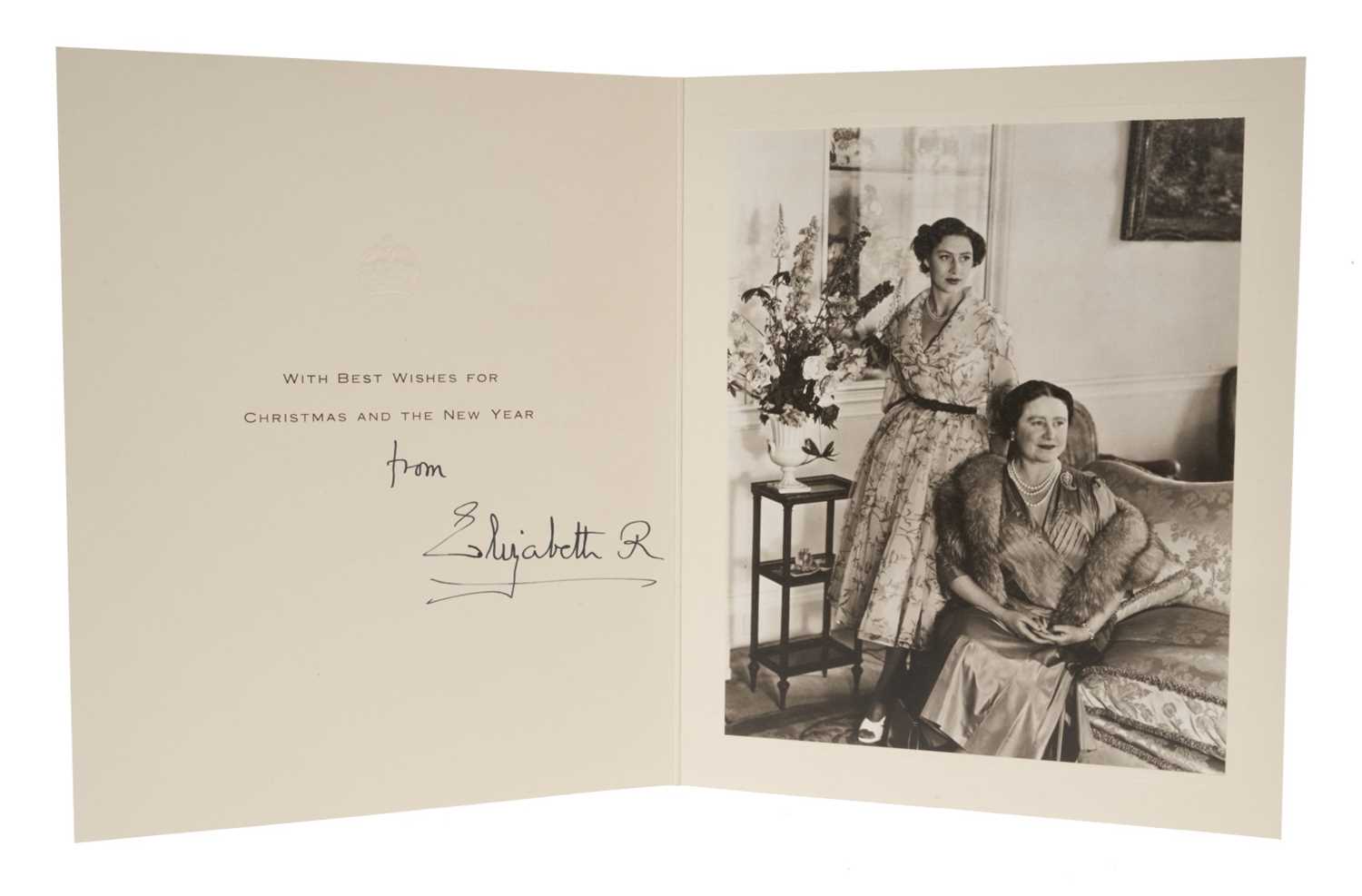 Lot 48 - H.M.Queen Elizabeth The Queen Mother, signed 1952 Christmas card with gilt crown to cover, photograph of The Queen Mother and Princess Margaret living together at Clarence House to the interior, si...