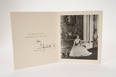 Lot 50 - H.M.Queen Elizabeth The Queen Mother, signed 1955 Christmas card with gilt crown to cover, photograph of The Queen Mother wearing a ball gown to the interior, signed 'from Elizabeth R'. Provenance:...