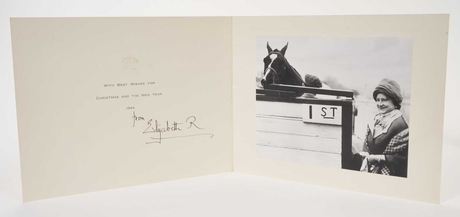 Lot 57 - H.M.Queen Elizabeth The Queen Mother, signed 1964 Christmas card with gilt crown to cover, photograph of The Queen Mother and her prize winning horse to the interior, signed 'from Elizabeth R'. Pro...