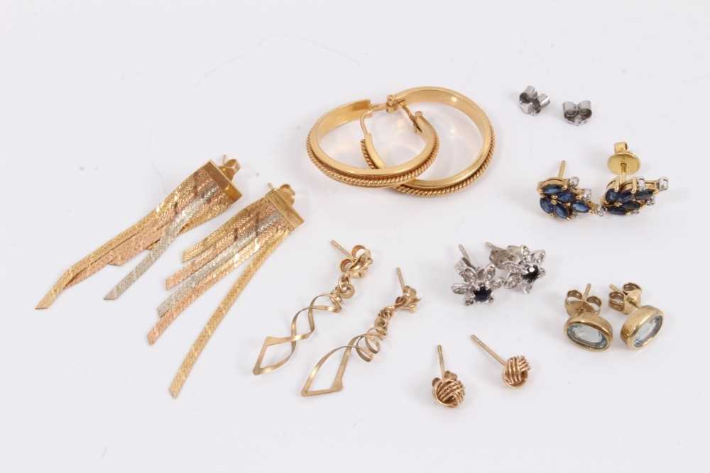 Lot 171 - Seven pairs of 9ct gold and yellow metal earrings including gem set studs, hoops etc