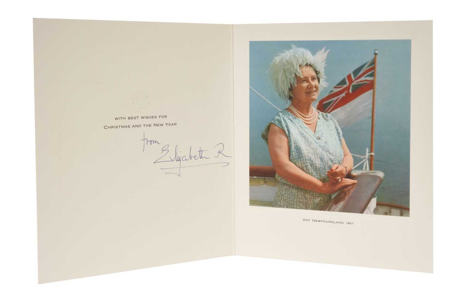 Lot 60 - H.M.Queen Elizabeth The Queen Mother, signed 1967 Christmas card with gilt crown to cover, photograph of The Queen Mother on board HMY Britannia 'Off Newfoundland 1967' to the interior, signed 'fro...